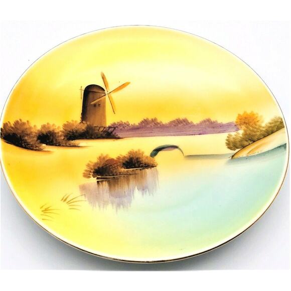 Meito 6" Porcelain Plate Hand Painted Windmill Bridge River Vintage Japan - Picture 1 of 4